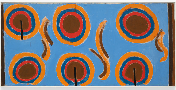 Betty Parsons, Circles, 1967. Acrylic on canvas, 117 x 239 x 6 cm (46 x 94 1/8 x 2 3/8 in) framed. Courtesy Alison Jacques, London and Alexander Gray Associates, New York. © The Betty Parsons Foundation. Photo: Michael Brzezinski.