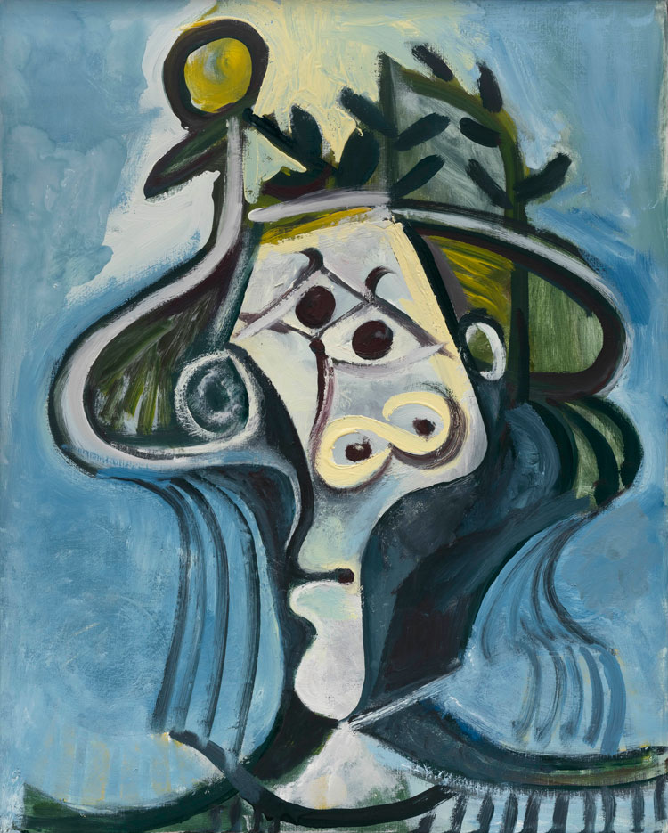 Pablo Picasso, Tête de femme au chapeau (Head of a Woman with a Hat), Mougins, 7 July 1971. Fundación Almine y Bernard Ruiz-Picasso, Madrid. © FABA Photo : Hugard & Vanoverschelde. © Succession Pablo Picasso / BONO, Oslo 2025.