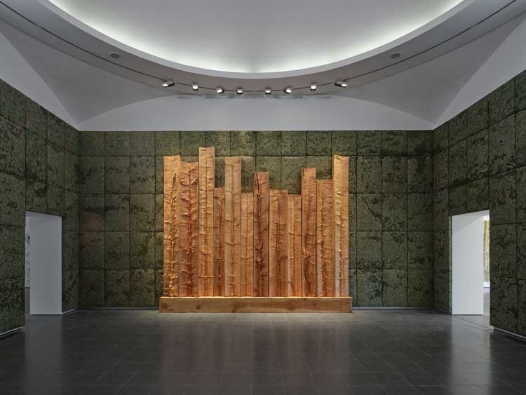 Giuseppe Penone, Alberi libro (Book Trees), 2017 and Respirare l’ombra (To Breathe the Shadow), 2000, installation view, Serpentine South. © Photo: George Darrell. Courtesy Giuseppe Penone and Serpentine.