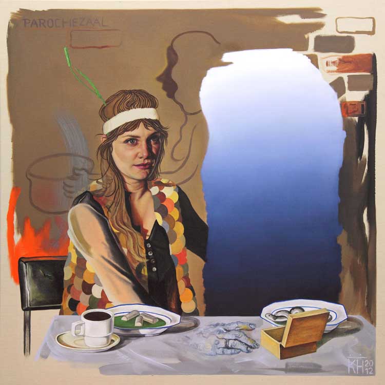 Kati Heck, Zum Teufel, Positionen!, 2012. Oil on canvas, 120 x 120 cm. Tim Van Laere Collection, Antwerp. Courtesy Tim Van Laere Gallery, Antwerp-Rome .