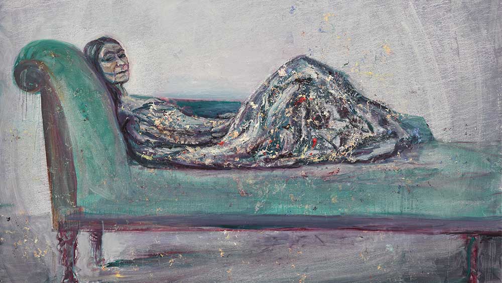 Celia Paul, Reclining Painter, 2023. Oil on canvas, 121.9 x 182.9 cm (48 x 72 in). © Celia Paul. Courtesy the artist and Victoria Miro.