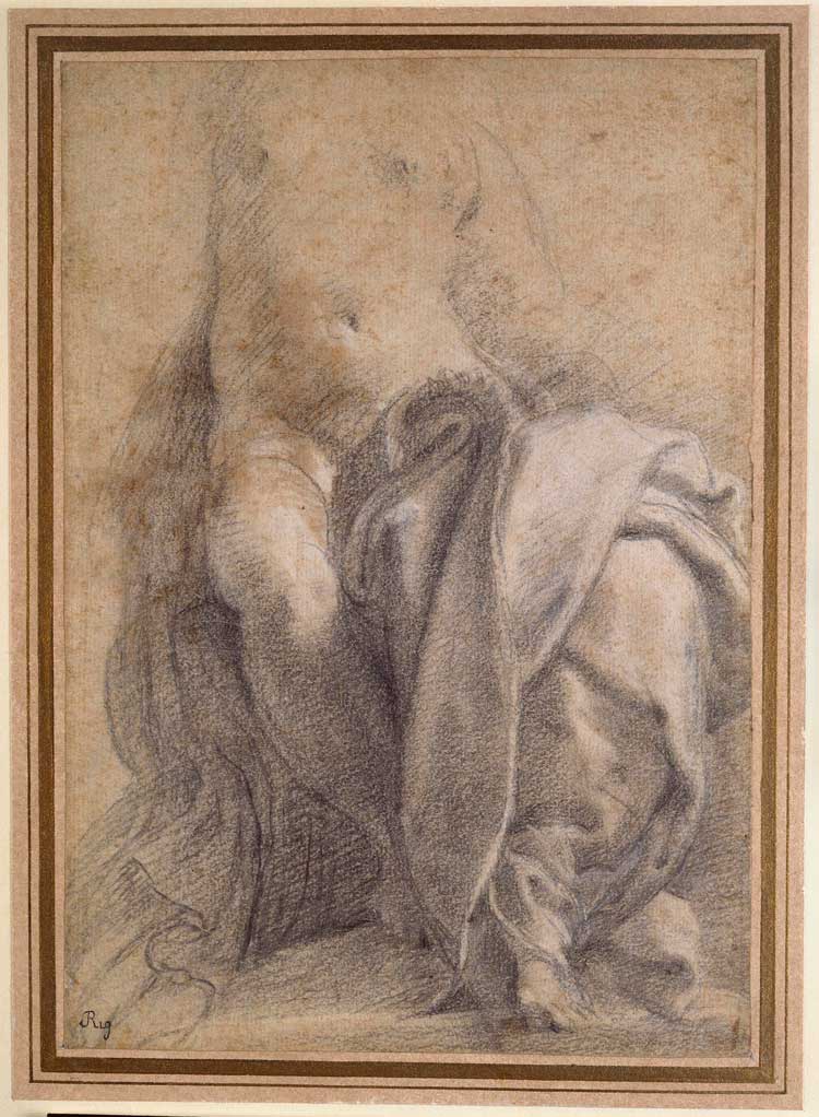 Parmigianino. Drapery Study for the Madonna in the Vision of Saint Jerome; about 1526-7. Black and white chalks on laid paper, 23.2 x 16.1 cm. Ashmolean Museum, University of Oxford. Image © Ashmolean Museum, University of Oxford.
