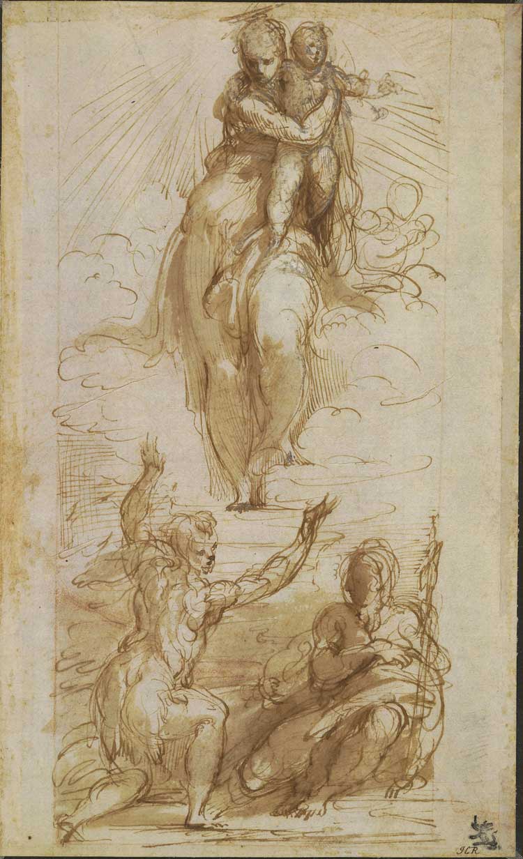 Parmigianino. Study for a Composition of the Virgin and Christ Child with Saint John the Baptist and Saint Jerome below (recto), 1526–7. Pen and brown ink, with brown wash, heightened with white (oxidised), over red chalk on paper, 25.8 × 15.6 cm. British Museum, London. © The Trustees of the British Museum.