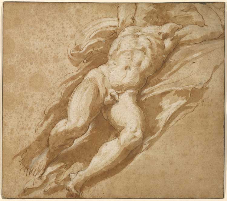 Parmigianino. Figure study, 1525–7. Pen and brown ink, brown wash, with white gouache heightening, 21.6 x 24.3 cm. The J. Paul Getty Museum, Los Angeles, California. Digital image courtesy of the Getty's Open Content Program.