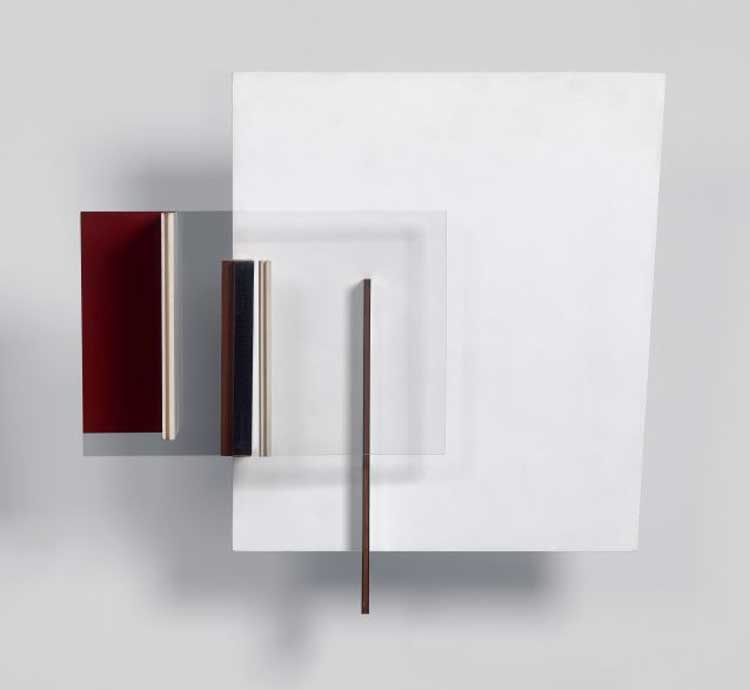 Victor Pasmore, Abstract in White, Black and Indian Red, 1963-64. Relief construction with painted wood and Perspex, 22 1/2 x 23 1/2 x 7 in (57.5 x 59.5 x 17 cm) including wood extrusions. Courtesy Hazlitt Holland-Hibbert, London, copyright © the artist.