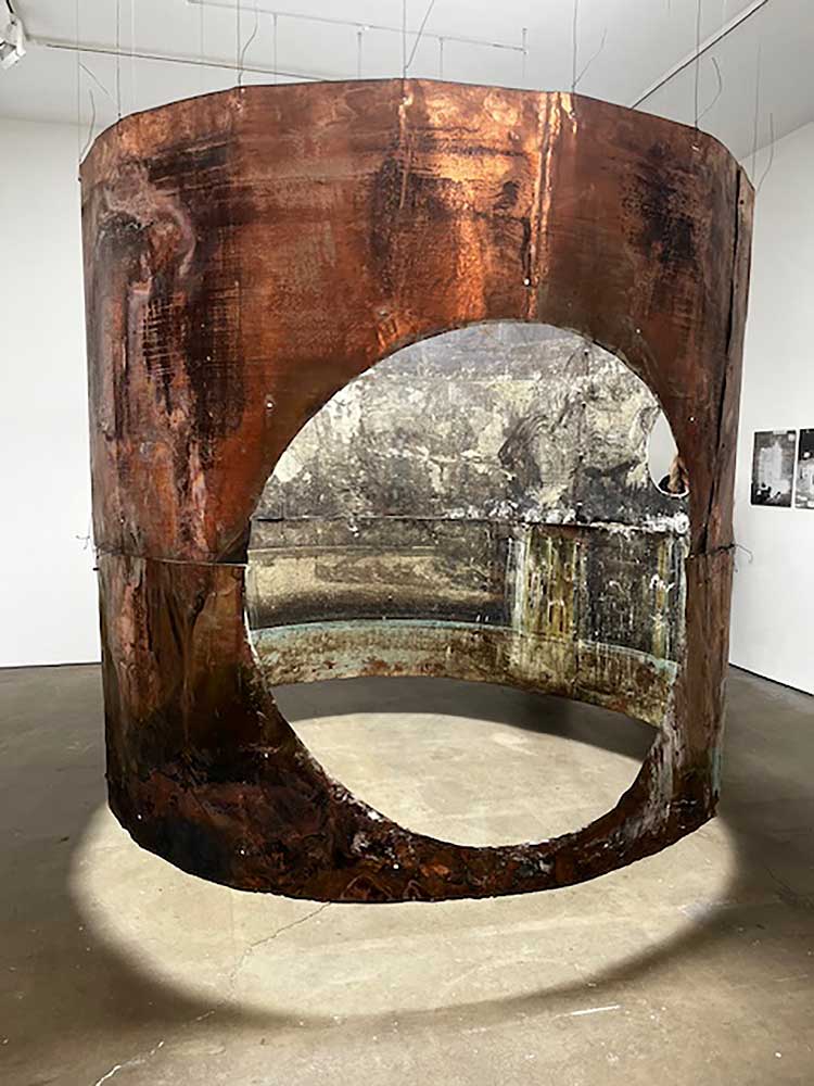 Lauren Bon. One of the copper pipes 'landscaped' by corrosive LA River water. Installation view, Concrete is Fluid, Honor Fraser Gallery. Photo: Jill Spalding.