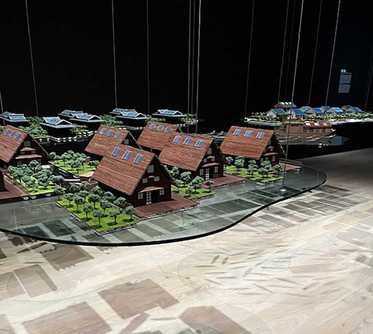 Tiffany Chung, model village. installation view, Breath(e): Toward Climate and Social Justice, Hammer Museum, Los Angeles. Photo: Jill Spalding.