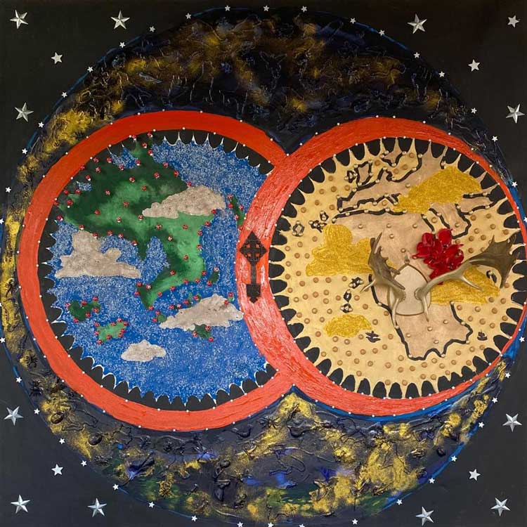 Angus Pryor. The Earth Cries Out.
Oil paint, plastic mushrooms, red plastic lilies and deer antler, 200 x 200 cm. Image courtesy the artist.