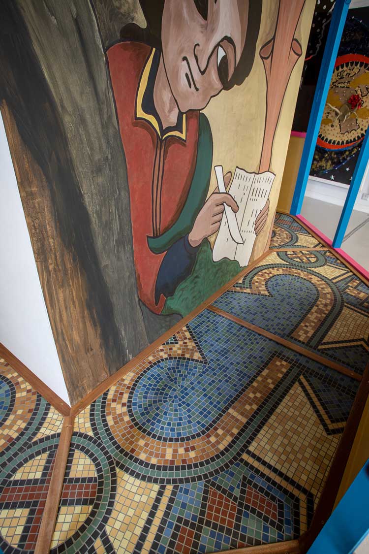 Angus Pryor. 1 Enoch Church (detail). Mixed media with painting installation and mosaic floor, and plastic stained glass ready printed windows, 300 x 200 cm. Installation view, The Hardwick Gallery, 2020. Image courtesy the artist.