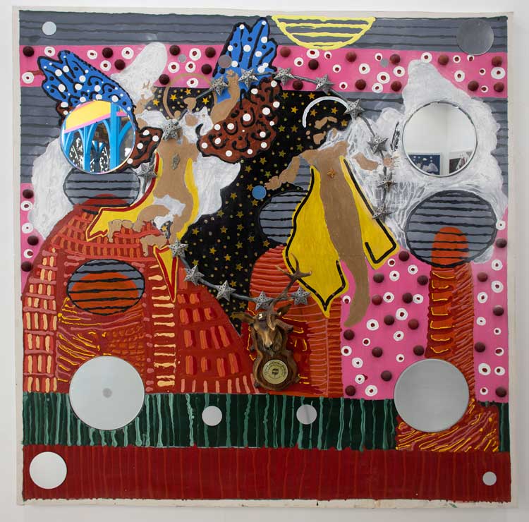 Angus Pryor. Enoch’s Journey to the ends of the earth, 2020. Oil on canvas, deer barometer, glass and plastic mirrors and tine stars. 200 x 200 cm. Image courtesy the artist.