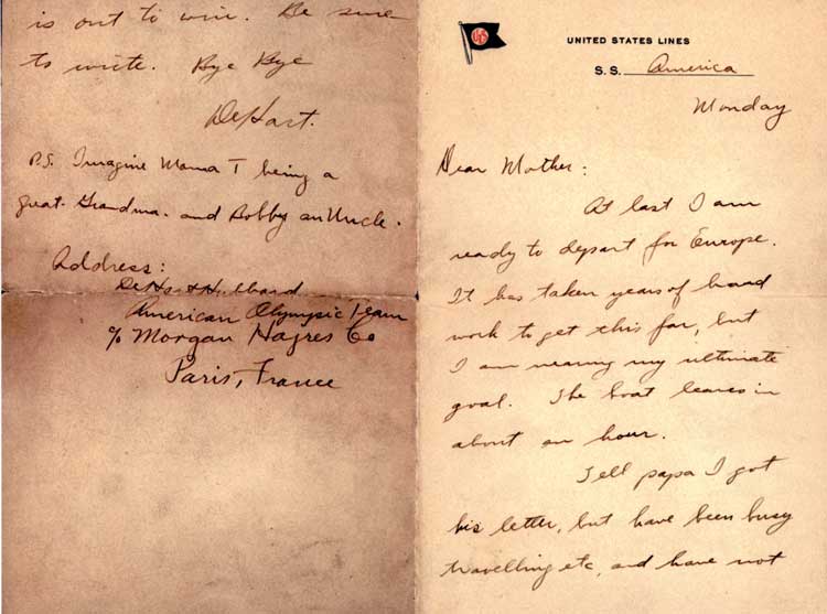 Letter written by William DeHart Hubbard (1903–1976) to his mother on board the SS America before sailing to Paris with the US Olympic team, 16 June 1924. Pen and ink on paper with printed letterhead. DeHart Hubbard Collection, MSS 1067, Cincinnati Museum Center.