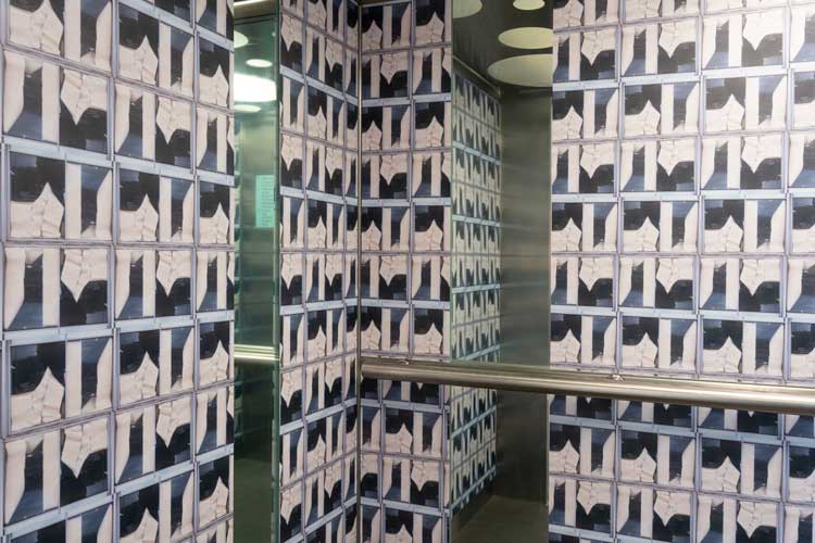 Wallpaper in the lift, installation view, Jacqueline Poncelet: In the Making, Middlesbrough Institute of Modern Art (Mima), 2024. Photo: Jason Hynes.