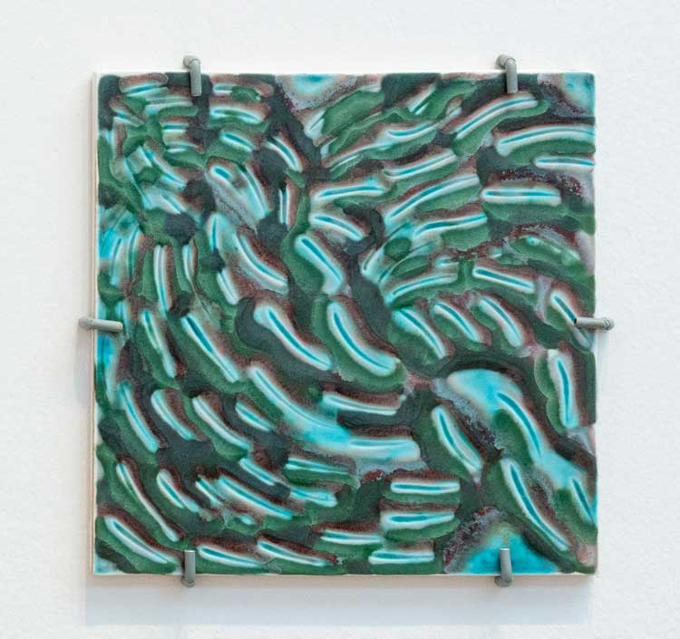 Tile from Danish residency, installation view, Jacqueline Poncelet: In the Making, Middlesbrough Institute of Modern Art (Mima), 2024. Photo: Jason Hynes.