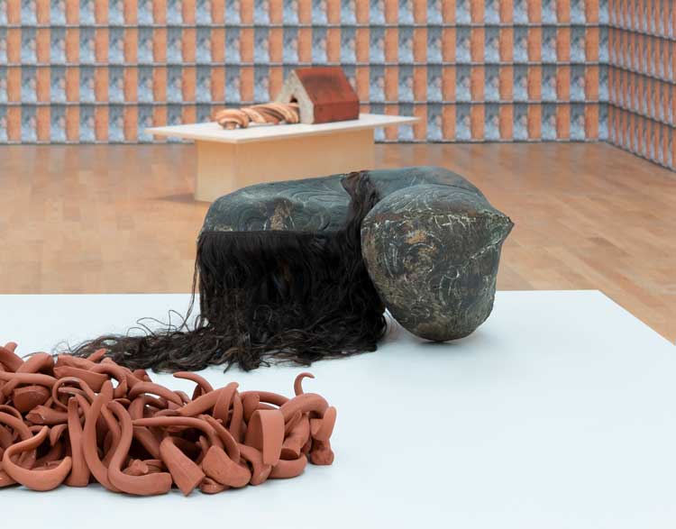 Bronze with Hair, 1988 (centre), installation view, Jacqueline Poncelet: In the Making, Middlesbrough Institute of Modern Art (Mima), 2024. Photo: Jason Hynes.