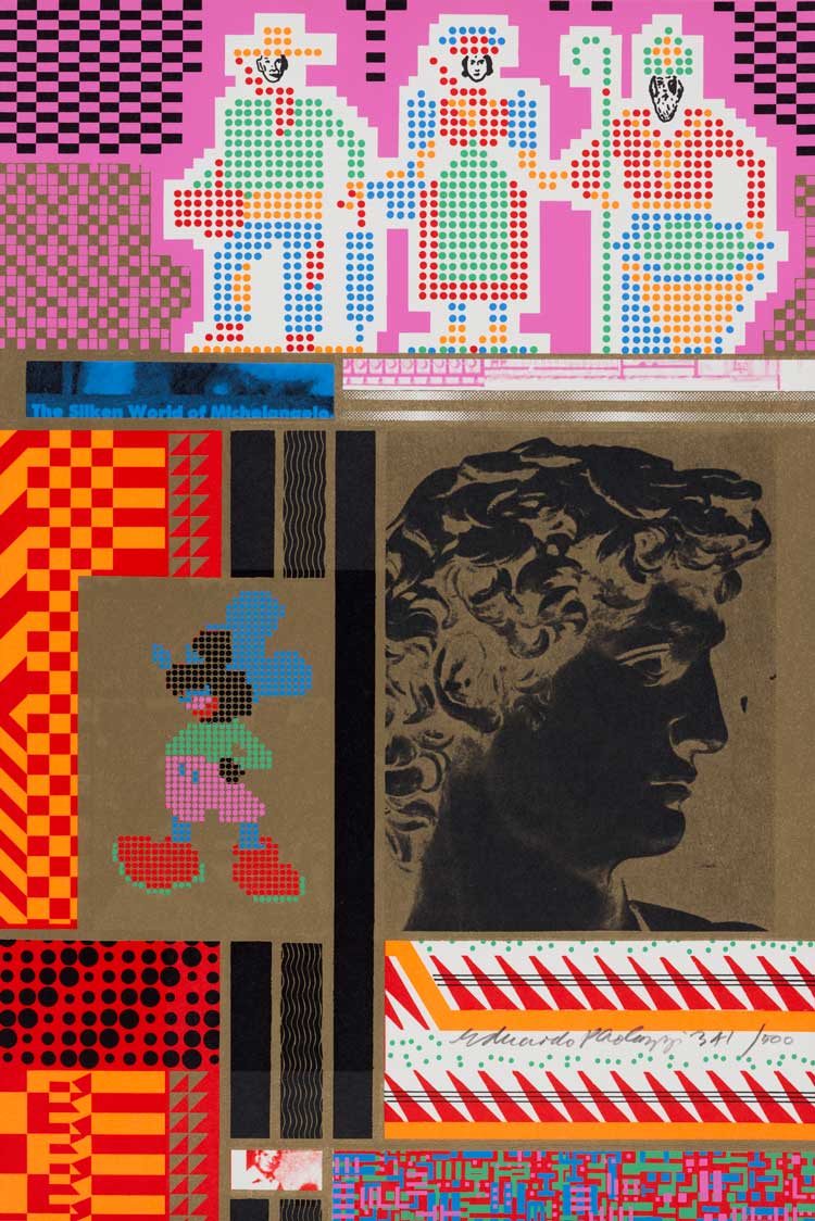 Eduardo Paolozzi, The Silken Worlds of Michelangelo (from Moonstrips Empire News), 1967. 100 photolithographs and screenprints on paper and acetate in plexiglass box. Presented by the artist 1994. © Trustees of the Paolozzi Foundation. Licensed by DACS, London 2023.
