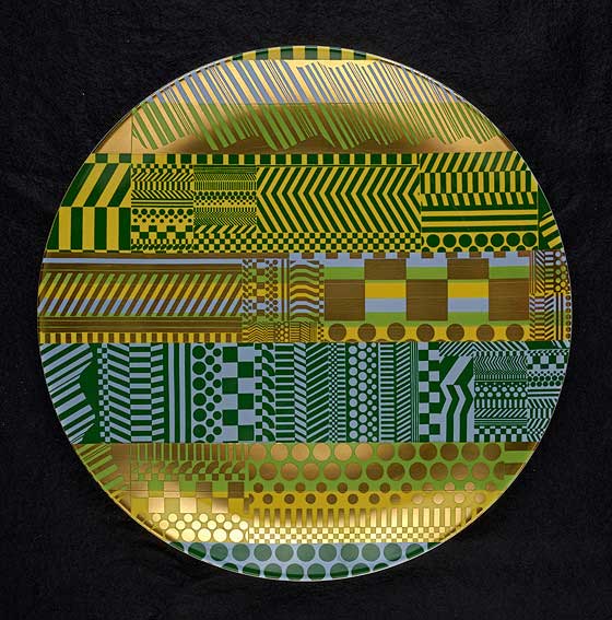 Eduardo Paolozzi, Variations on a Geometric Theme. 1968-69. Set of six plates in ceramic colours and gold on Wedgwood fine bone china in pink Perspex box. Donated by Frank Fowler. © Trustees of the Paolozzi Foundation. Licensed by DACS, London 2023.