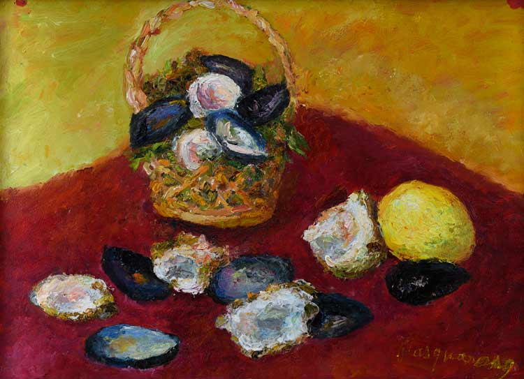 Pasquarosa. Oysters, Mussels and Lemon, c1963. Oil on cardboard, 33 x 44 cm. Courtesy Archivio Nino e Pasquarosa Bertoletti, Rome.
