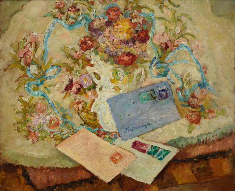Pasquarosa. Vase of Flowers and Letters, c1950. Oil on board, 38 x 46 cm. Courtesy Archivio Nino e Pasquarosa Bertoletti, Rome.