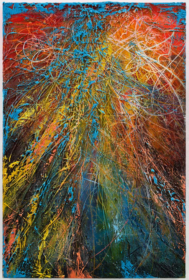 José Parlá. Amorphous Waves, 2023. Mixed media on canvas, 182.9 x 121.9 cm (72 x 48 in). Photo: Tyler Haft, courtesy Ben Brown Fine Arts.