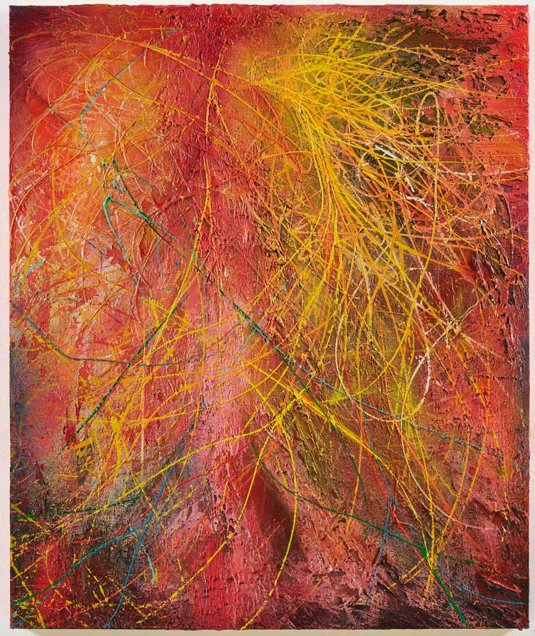José Parlá. Arterial Visions, 2023. Mixed media on canvas, 182.9 x 152.4 cm (72 x 60 in). Photo: Tyler Haft, courtesy Ben Brown Fine Arts.