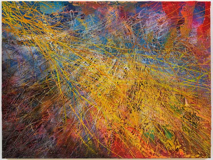 José Parlá. Layered Electric Retinal Waves, 2023. Mixed media on canvas, 182.9 x 243.8 cm (72 x 96 in). Photo: Tyler Haft, courtesy Ben Brown Fine Arts.