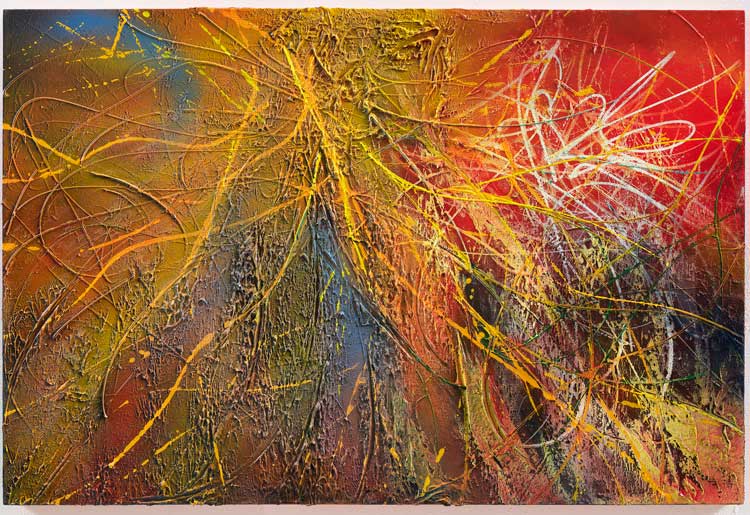 José Parlá. Sensory Landscape, 2023. Mixed media on canvas 101.6 x 152.4 cm (40 x 60 in). Photo: Tyler Haft, courtesy Ben Brown Fine Arts.