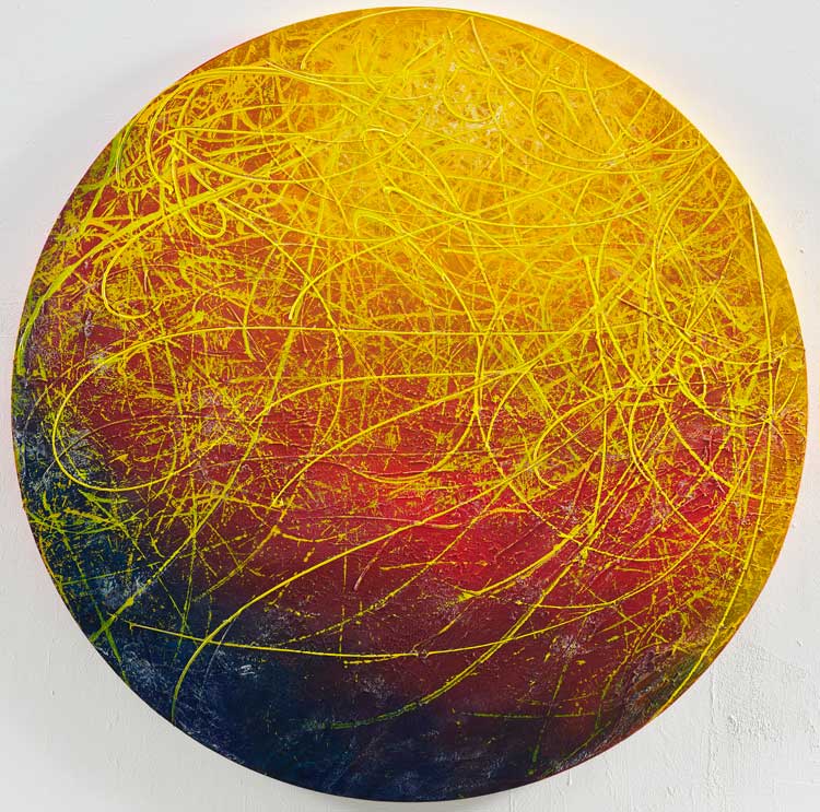 José Parlá. The Eye of Adventures, 2023. Mixed media on canvas, 152.4 x 152.4 cm (60 x 60 in). Photo: Tyler Haft, courtesy Ben Brown Fine Arts.