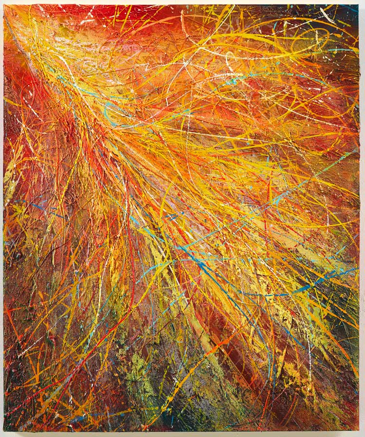 José Parlá. Universal Meditation, 2023. Mixed media on canvas, 182.9 x 152.4 cm (72 x 60 in). Photo: Tyler Haft, courtesy Ben Brown Fine Arts.