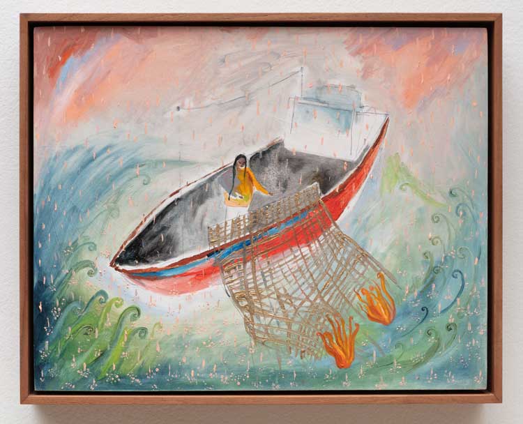 Rory Pilgrim, Little Fires, 2021. Oil and pencil on wooden board, 24 x 30,5 cm. Turner Prize 2023, Towner Eastbourne. Collection Fries Museum, Leeuwarden. Photo: Angus Mill Photography.