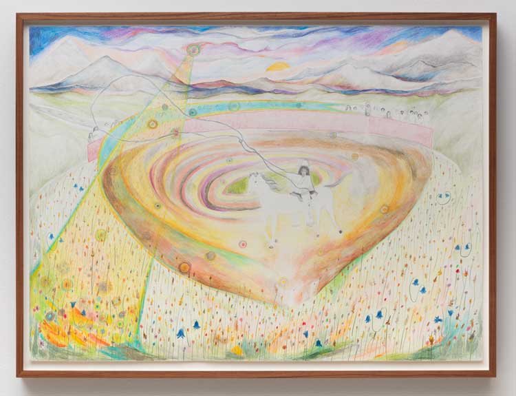 Rory Pilgrim, Rodeo Music, 2022. Pencil, crayon, and nail polish on paper, 56 x 76 cm. Turner Prize 2023, Towner Eastbourne. Collection Van Valen / Vingerling. Photo: Angus Mill Photography.