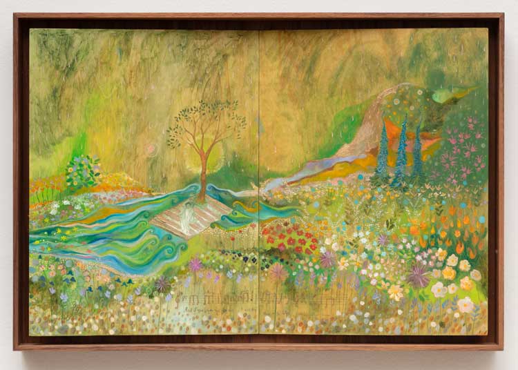 Rory Pilgrim, …f…g…. 10,000 flowers, 2022. Oil, crayon, and pencil on board, 30 x 45 cm.  Turner Prize 2023, Towner Eastbourne. Collection Fries Museum, Leeuwarden. Photo: Angus Mill Photography.