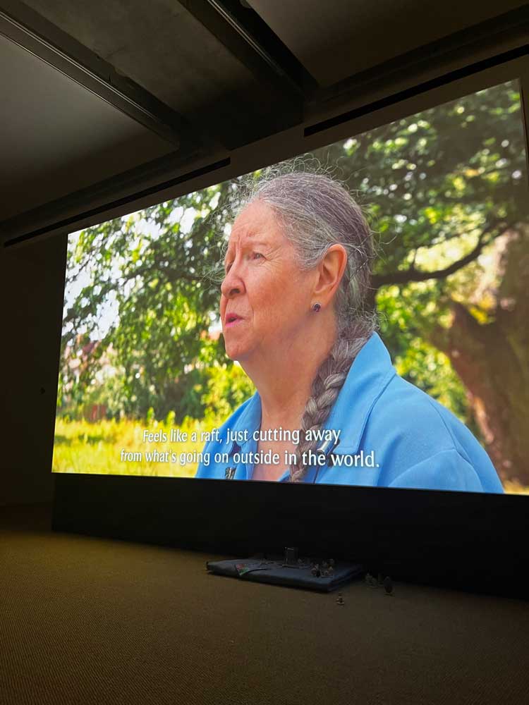 One of the participants in Rory Pilgrim's film RAFTS. Installation view, Turner Prize 2023, Towner Eastbourne. Photo: Veronica Simpson.