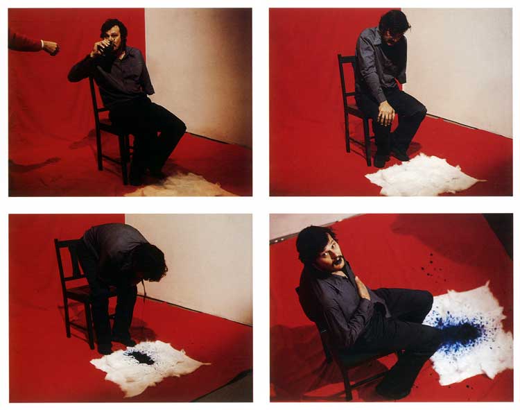 Mike Parr. The Emertics (Primary Vomit) I am Sick of Art (Red, Yellow, Blue), Blue. Performed at Watters Gallery, Darlinghurst, Sydney, 1977. Photo: John Delacour.