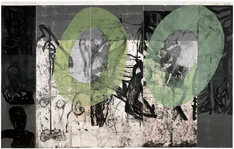 Mike Parr. Wooden We, 2012. 327.7(h) x 515.8(w) cm. Etching, printed offset in black ink from multiple steel plates; over-printed in relief print, printed in black ink from multiple plywood blocks; collaged hardground etchings, carborundum open-bite, foul-bite printed offset in black ink with plate tone from multiple steel plates; relief prints, printed in green and silver inks from multiple jig-sawn plywood blocks; relief print, printed in grey ink from one plywood block; hand-drawn additions done with brush & black printing ink bonded to rag paper. Unique state print. Printed with John Loane, Viridian Press.
