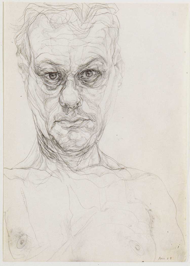 Mike Parr. One of 26 Untitled Self Portraits plus Portraits of F & C, 1981-96. Photo: Fenn Hinchcliffe. Pencil on typing paper.