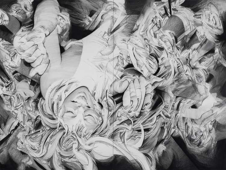 Anna Park. Free Fall, 2021. Charcoal on paper on panel, 90 x 120 in. Collection of Pete and Michelle Scantland.