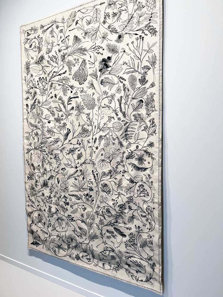 Katie Paterson, Evergreen, 2022. Embroidered linen. Installation view, Galleri F15, Moss, Norway. Photo: Veronica Simpson.