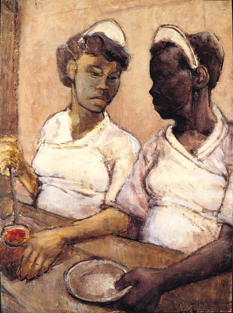 Eva Frankfurther, West Indian Waitresses, c1955. Ben Uri Collection, presented by the artist’s sister, Beate Planskoy, 2015, © The Estate of Eva Frankfurther, photograph by Justin Piperger, courtesy Barbican Centre.