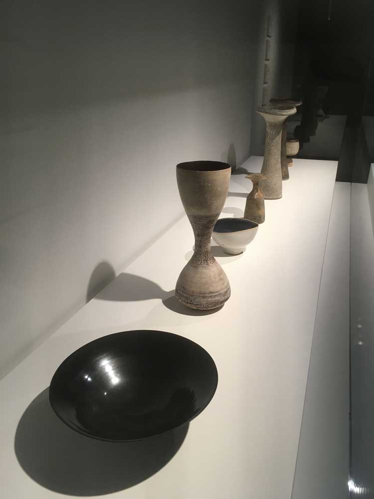 Installation view of Lucy Rie and Hans Coper vessels. Photo: Veronica Simpson.
