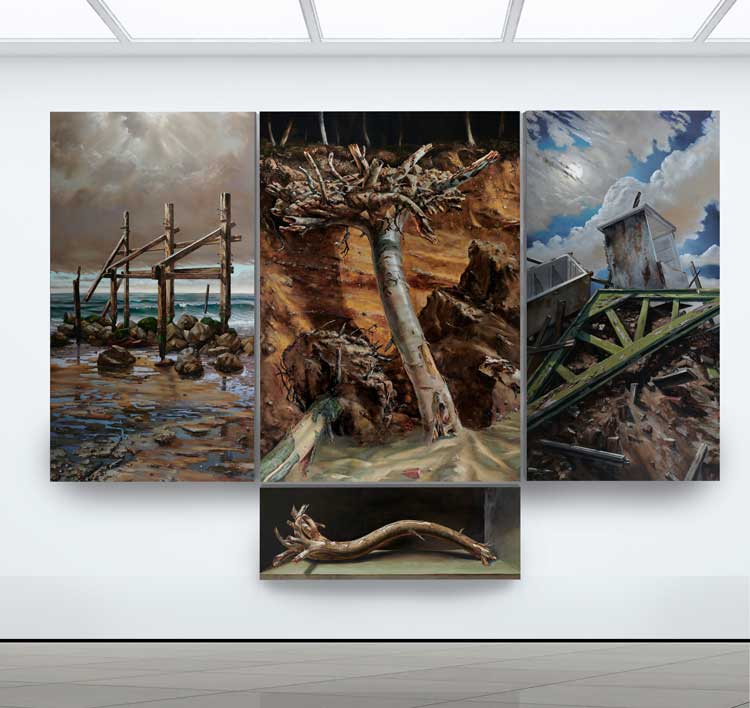 Julian Perry. Altarpiece to the Assumption of CO2, 2021. Oil on four panels, 244 x 302 cm. Photo courtesy Colin Mills and Julian Perry.