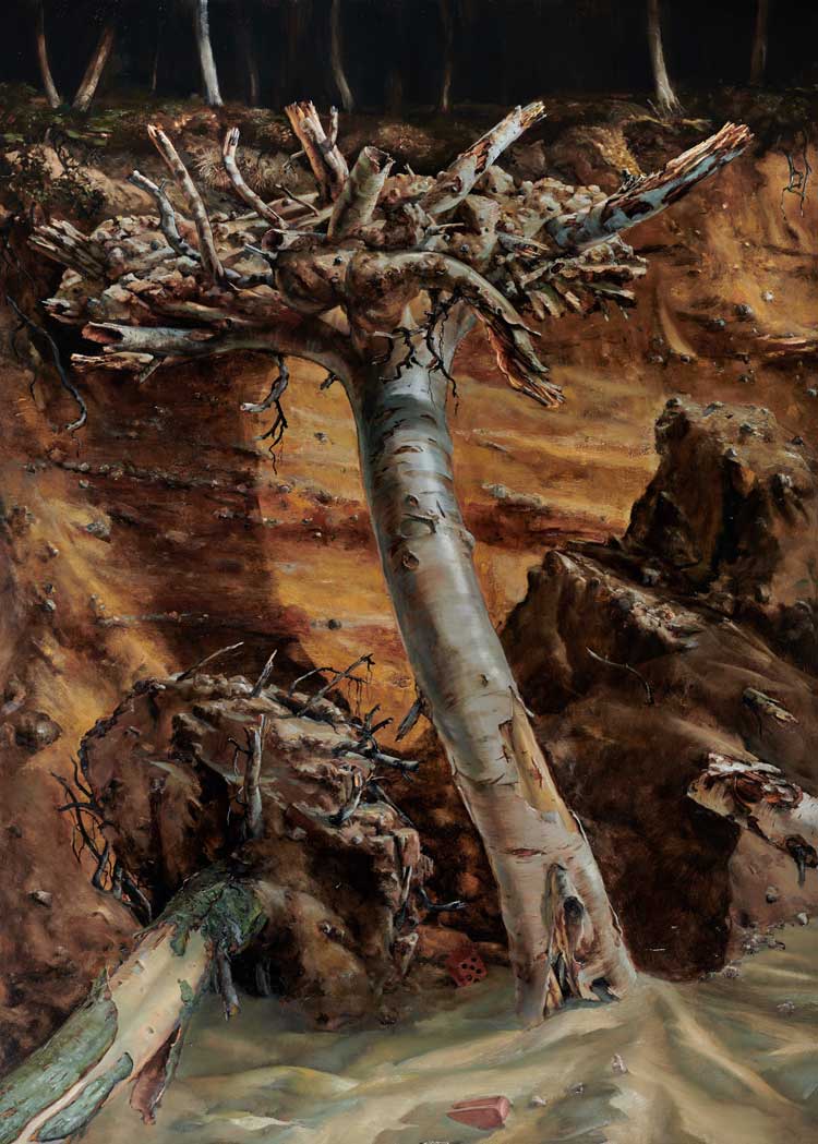 Julian Perry. Loss, centre panel, Altarpiece to the Assumption of CO2, 2021. Oil on panel, 170 x 122 cm. Photo courtesy Colin Mills and Julian Perry.