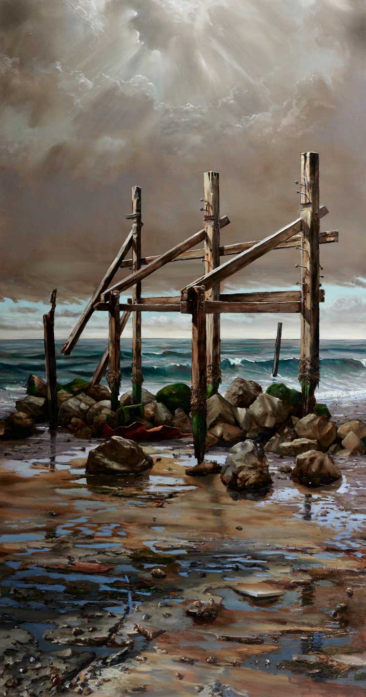 Julian Perry. Hubris: and Muddy Footprints, left panel, Altarpiece to the Assumption of CO2, 2021. Oil on panel, 170 x 90 cm. Photo courtesy Colin Mills and Julian Perry.
