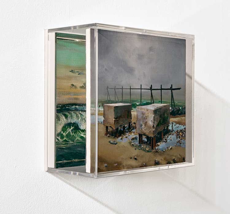 Julian Perry. Concrete Sea Defences Happisburgh & Beach at Dulwich, 2018. Oil on panel, 20 x 20 x 11 cm. Photo courtesy Colin Mills and Julian Perry.