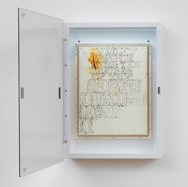 Pope.L, Beached, 2020. Ball-point pen, graphite, charcoal and acrylic on gridded canvas in plexiglass box in mirrored medicine cabinet with LED light, hardware and bumpers, 55.9 x 40.6 x 10.2 cm. © Pope.L. Courtesy: the artist, Modern Art, London and Mitchell-Innes & Nash, New York, USA. Photo: Robert Glowacki.