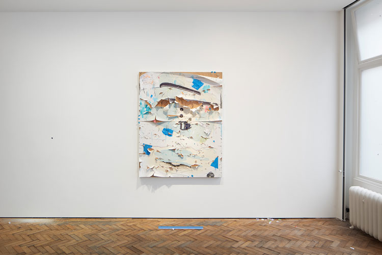 Pope.L, Oedipal Snowman Problem, 2019-20. Acrylic, charcoal, copy paper, push pins, PVA, painter's tape, wooden discs, post-it, collage, permanent marker and archival pigment prints on panel, 142.2 x 91.4 cm. Exhibition view of Pope.L, Notations, Holes and Humour, Modern Art Bury Street, 15 July - 28 August 2021. Courtesy: the artist, Modern Art, London and Mitchell-Innes & Nash, New York, USA. Photo: Tom Carter.