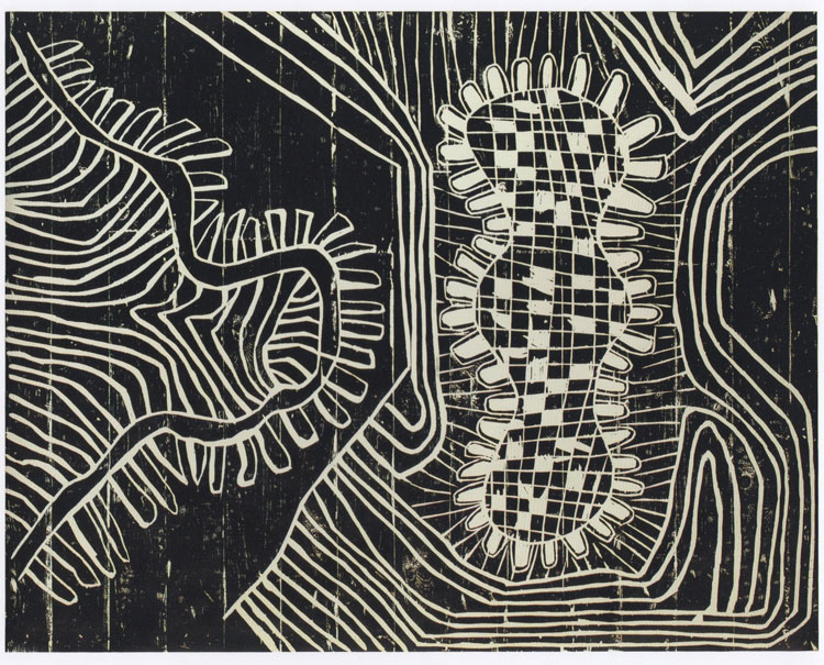 Nicholas Pope. Black Landscape (Mr and Mrs Pope Spiked and Holed), 1985. Woodcut print on paper, 163 x 130 cm. © The Artist, Courtesy: New Art Centre, Wiltshire & The Sunday Painter.
