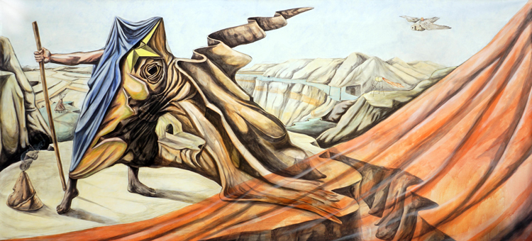 Prabhakar Pachpute. The close observer, 2020. Acrylic and charcoal pencil on canvas, 84 x 192 in. Photo: Amol K. Patil. Courtesy the artist and Experimenter, Kolkata.
