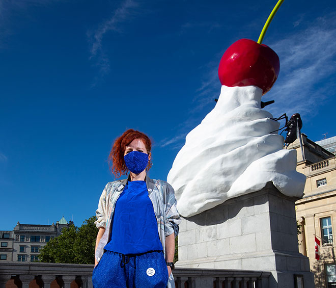 Heather Phillipson with THE END, Fourth Plinth, Trafalgar Square, London, 2020. Photo: David Parry PA.