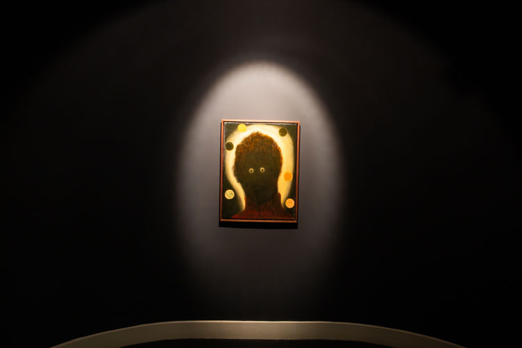 Kevin Mooney, Trickster, 2017. Oil and varnish on jute. Installation view, Pine's Eye, 2020. Image courtesy Talbot Rice Gallery, The University of Edinburgh.