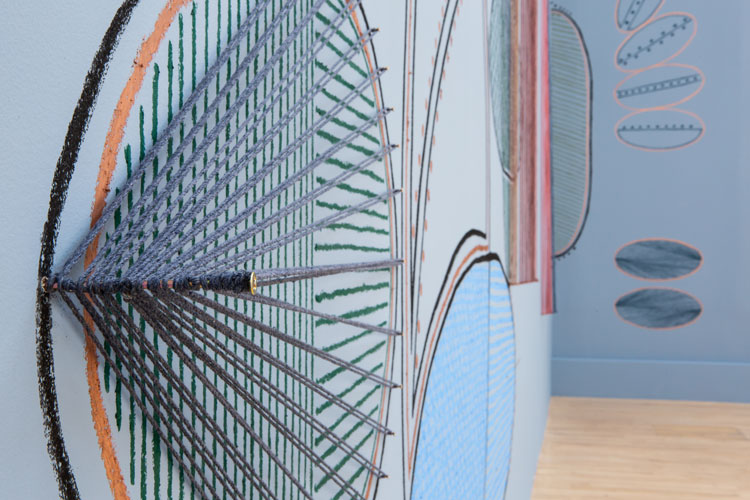 Johanna Unzueta, 1:1 Resonance, 2020 (detail). Commissioned mural. Pastel, twine and copper rods. Installation view, Pine's Eye, 2020. Image courtesy Talbot Rice Gallery, The University of Edinburgh.